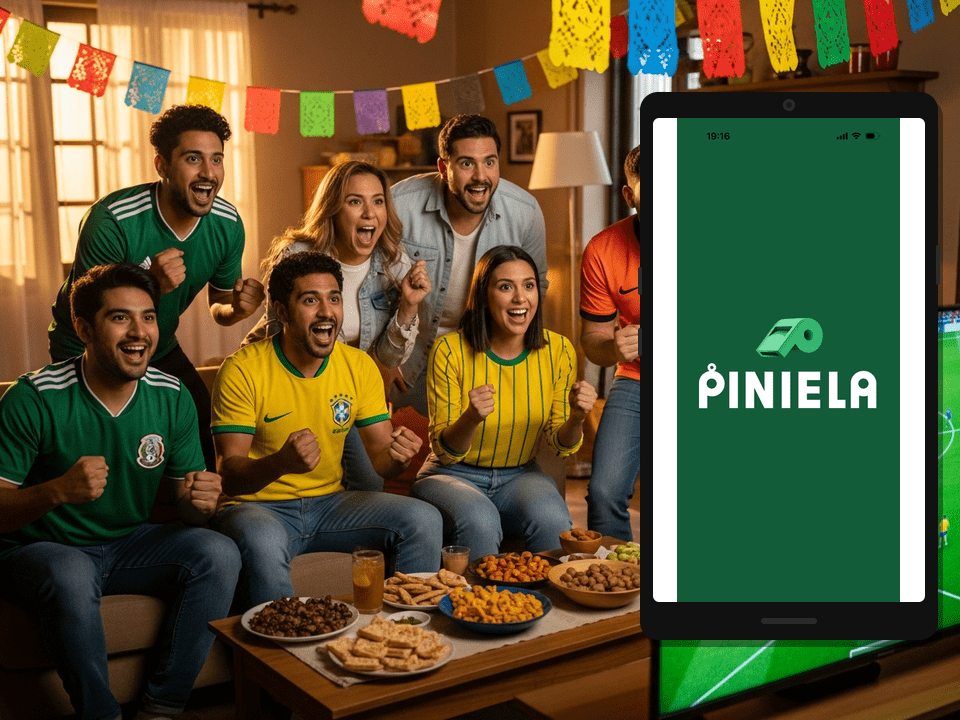 Grupo de amigos mexicanos viendo quiniela de futbol para el Mundial en sala con playeras de selecciones