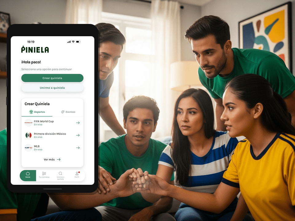 Grupo de amigos mexicanos configurando quiniela Liga MX en celular con playeras de equipos mexicanos