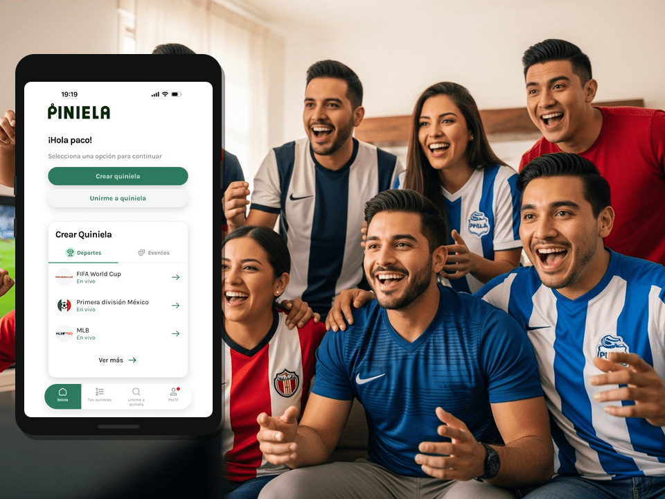 amigos mexicanos compartiendo quiniela de futbol en celulares con jerseys de Liga MX