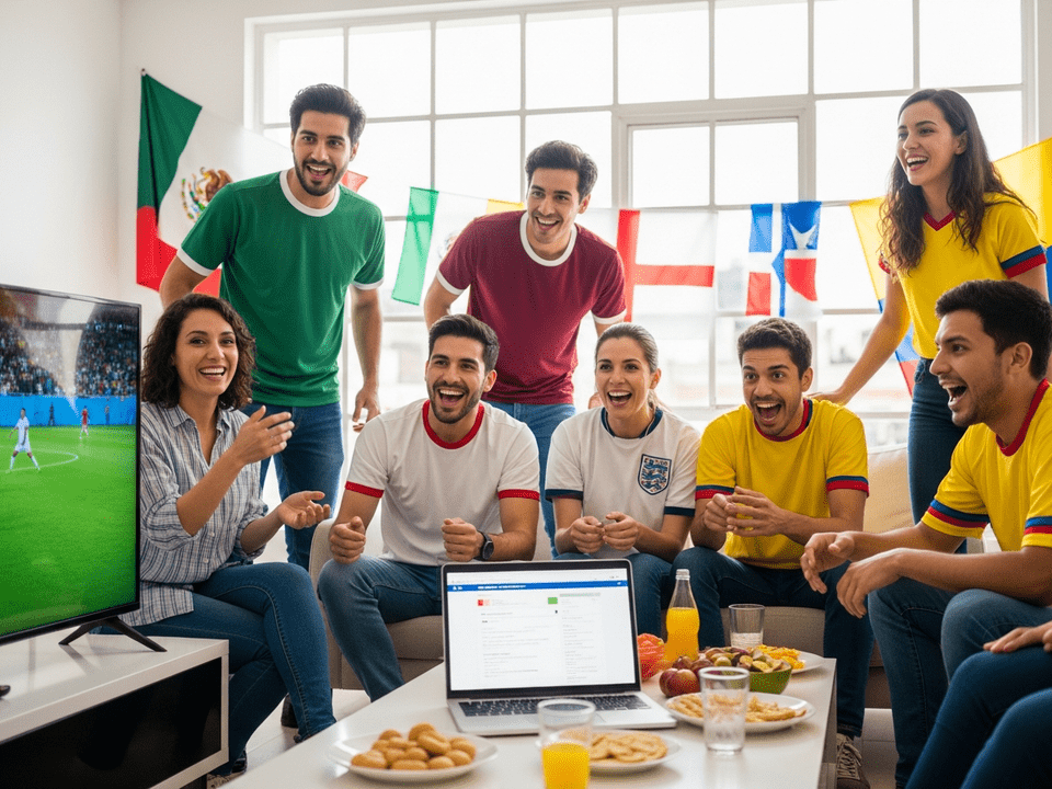 Grupo de amigos mexicanos preparando su quiniela del Mundial 2026 en sala familiar antes del torneo