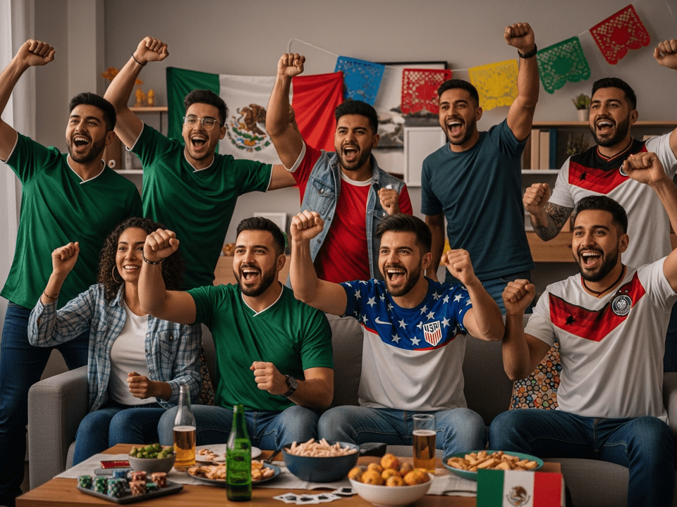 Amigos mexicanos celebrando quiniela de futbol del Mundial 2026 en sala con playeras del Tri
