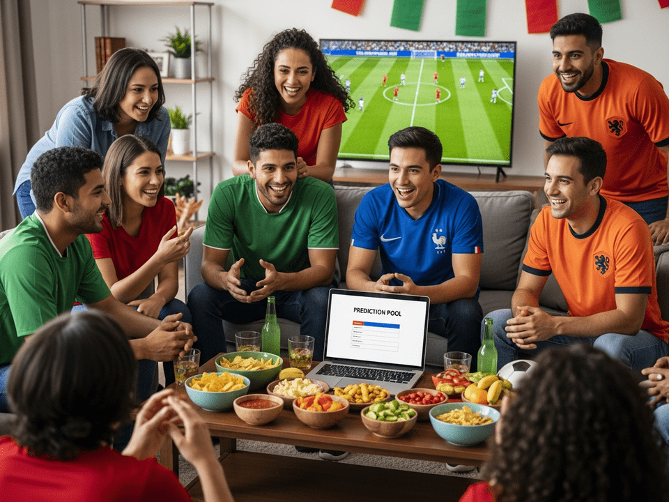 familia mexicana reunida viendo quiniela del Mundial 2026 en Piniela con jerseys del Tri
