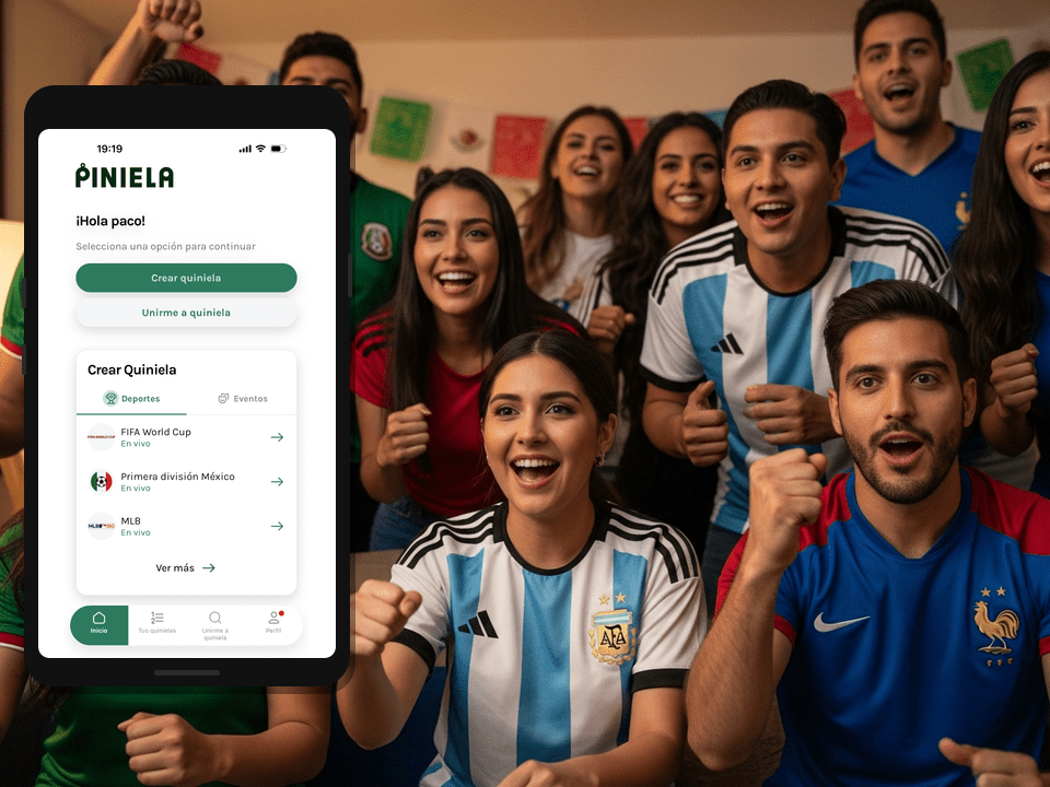 Grupo de amigos mexicanos revisando quiniela de futbol en celular antes del Mundial 2026