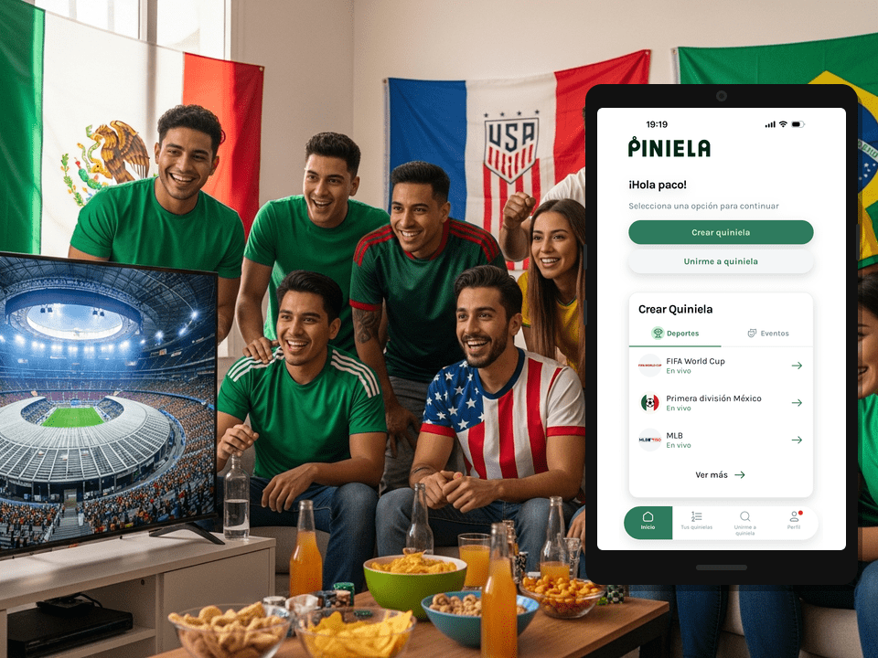Amigos mexicanos viendo quiniela del Mundial 2026 con playeras del Tri y Estadio Azteca en pantalla
