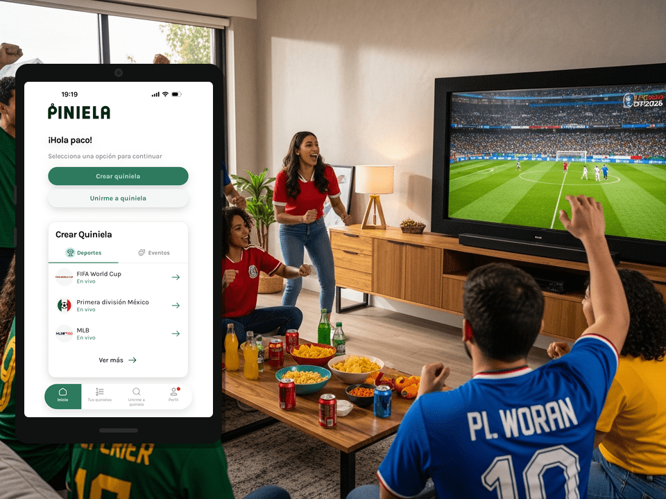 Amigos viendo Mundial 2026 y revisando tabla de quiniela en tiempo real en celular con Piniela