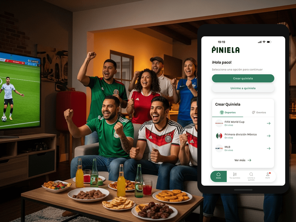Amigos mexicanos disfrutando quiniela del Mundial 2026 sin apostar con Piniela