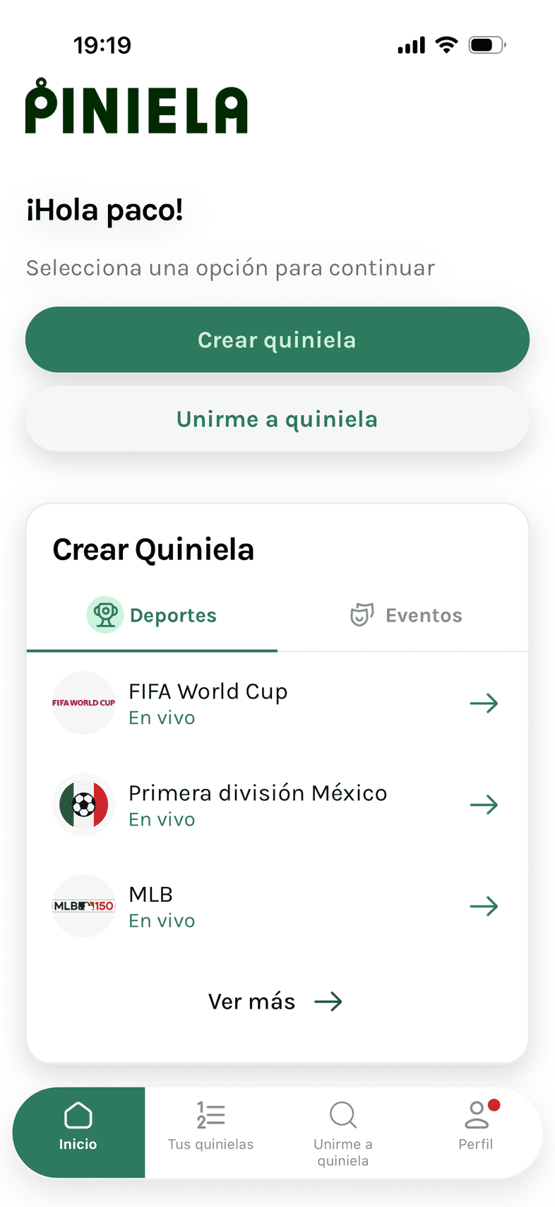 piniela-footer-inicio Pantalla de inicio de la app Piniela con quinielas del Mundial, Liga MX y MLB