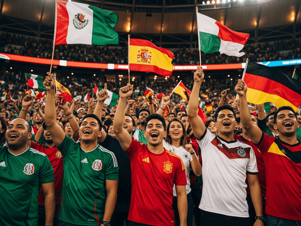 Aficionados mexicanos celebrando en el Estadio Azteca con playeras del Tri para quiniela futbol mexicano