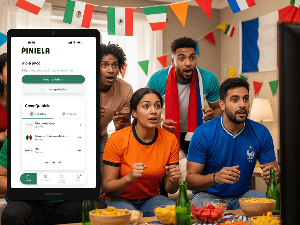 Amigos viendo partido del Mundial 2026 con sorpresa revisando quiniela de futbol en celular