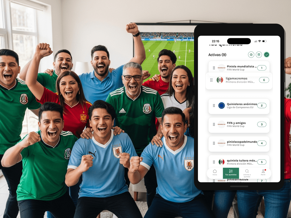 amigos mexicanos viendo quiniela de futbol en Piniela con playeras de Liga MX y selección México